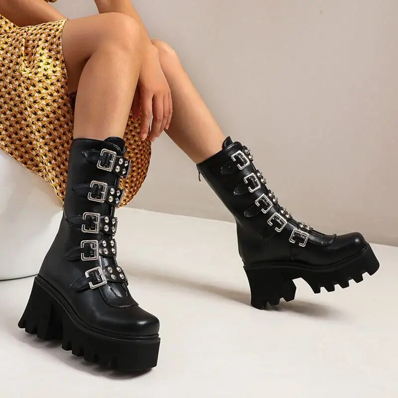 TAAFO Women High Heels Ankle Martin Boots Woman High Thick Heels Pumps Lady Dress Party Punk Shoes Buckles Rivets 35-44 Black