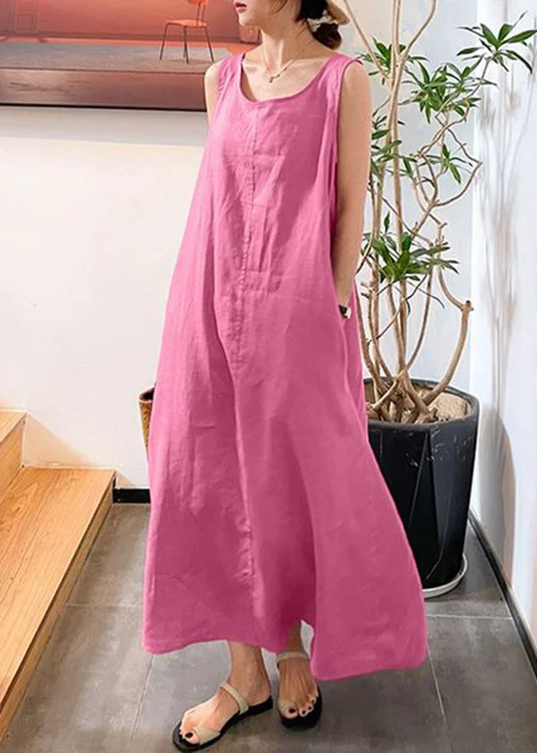 5.12Modern Pink O-Neck Slim Fit Cotton Long Dresses Sleeveless