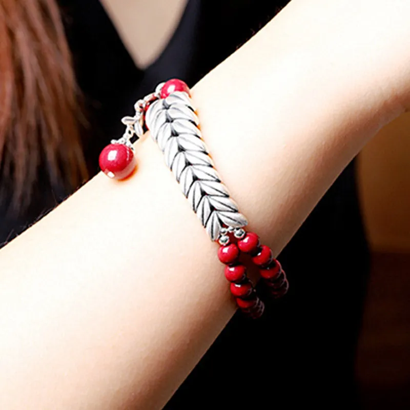 Silver Cinnabar Wheat Pattern Blessing Bracelet