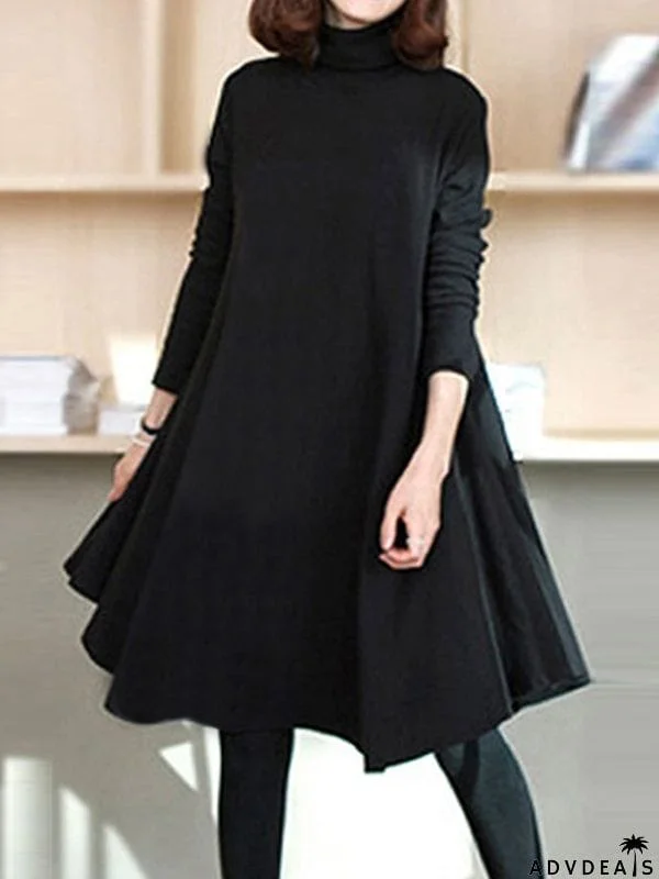 Long Sleeves Loose Solid Color High Neck Midi Dresses