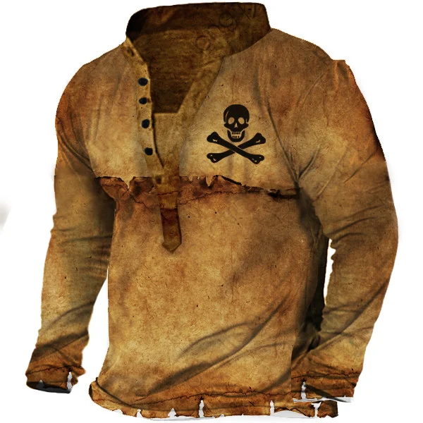 Nautical Skull Vintage Print Men's Henley Long Sleeve T-Shirt