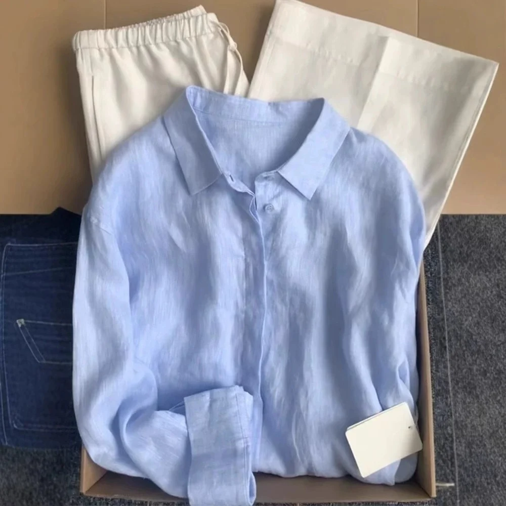 Athvotar Athvotar Linen Shirt Women's Summer Thin Old Money Liner Shirt Long Sleeve Sunscreen Cotton Top