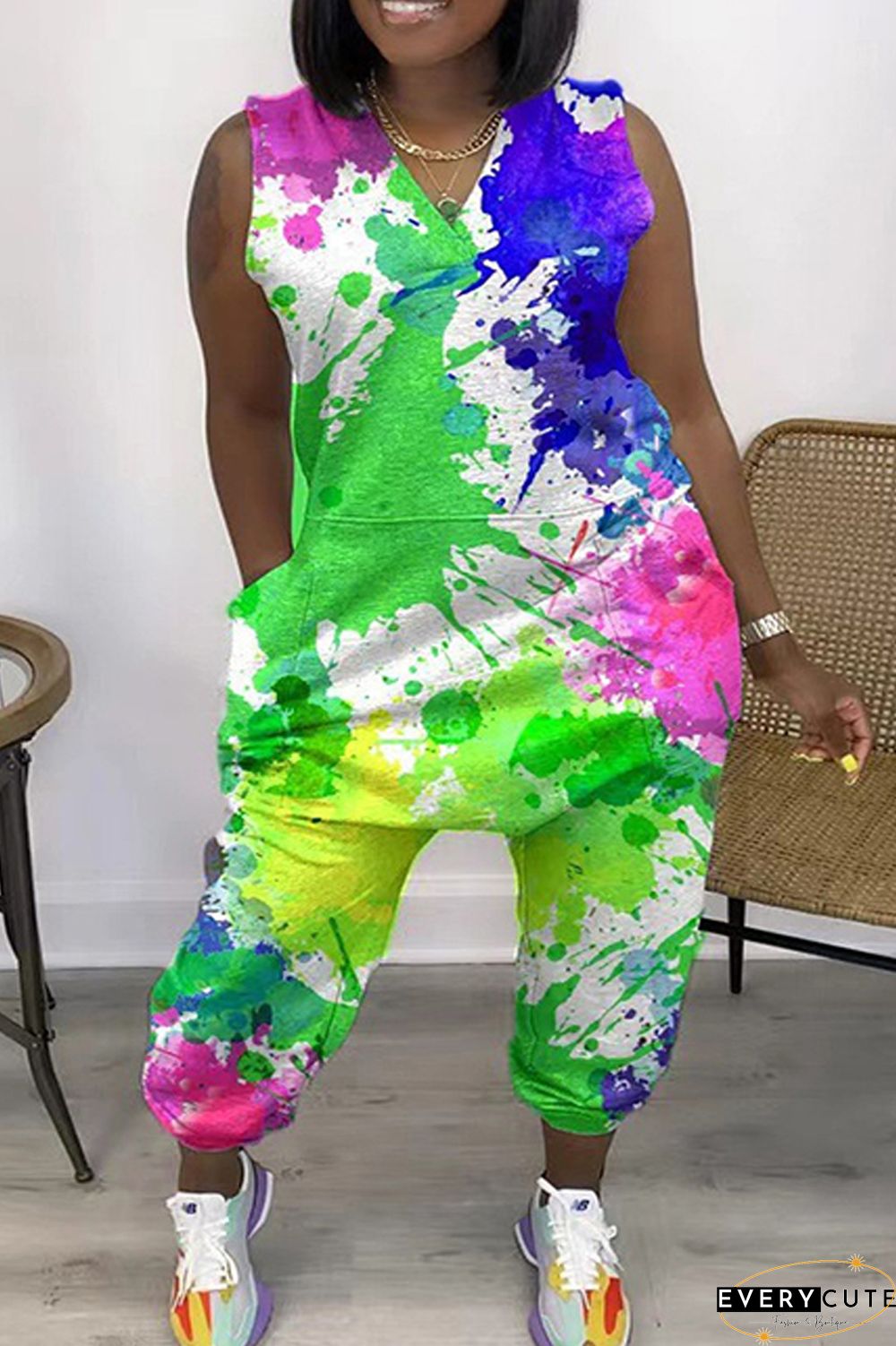 Green Casual Print Tie-dye V Neck Plus Size Jumpsuits