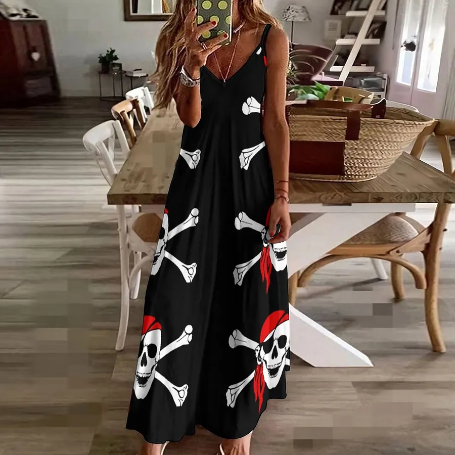 flowy pirate dress La Leela Women's Halloween Halter Neck Dead Skull Cross Pirate Print Black  Color Long Flowy Dress main image 1