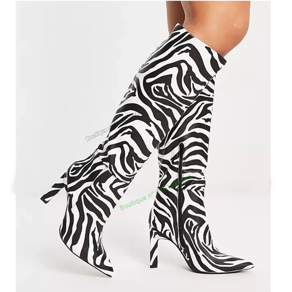 VCSHOES Zebra Print Knee High Boots Side Zipper Thin High Heel Pointed Toe Big Size Women Shoes Zapatos Para Mujere