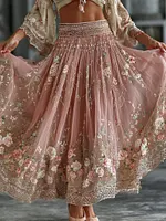 Women's Romantic Floral Art Linen Blend Casual Skirt