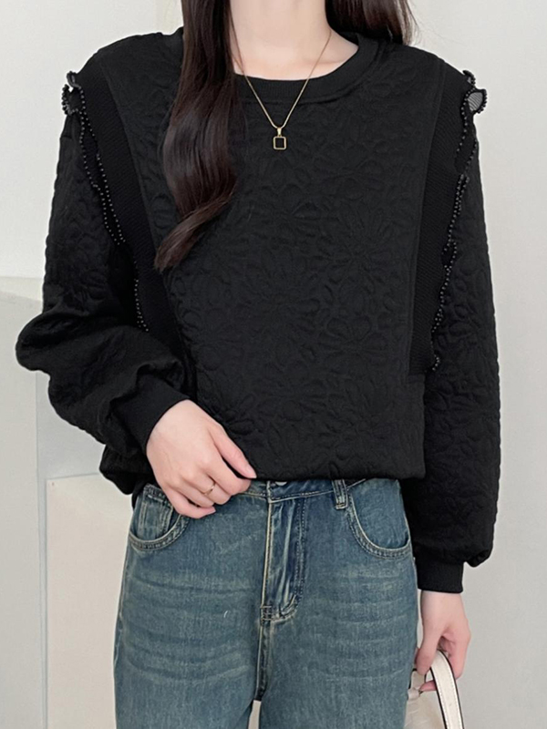 Loose Pearl Decoration Floral Print Hoodie