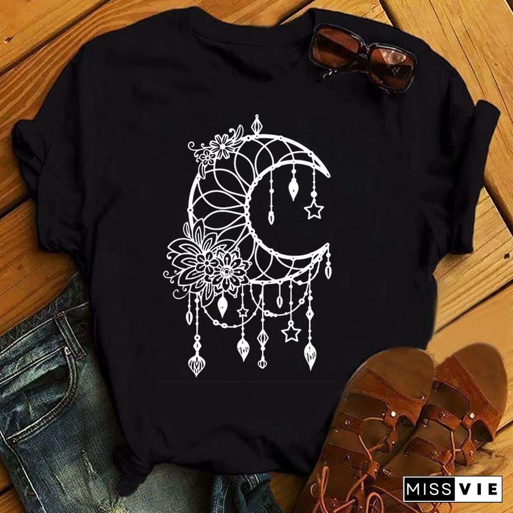 Maycaur Women Harajuku T Shirt New Moon Star Printed T Shirt O-Neck Summer Short Sleeve Tees Women Clothes Graphic T Shirts