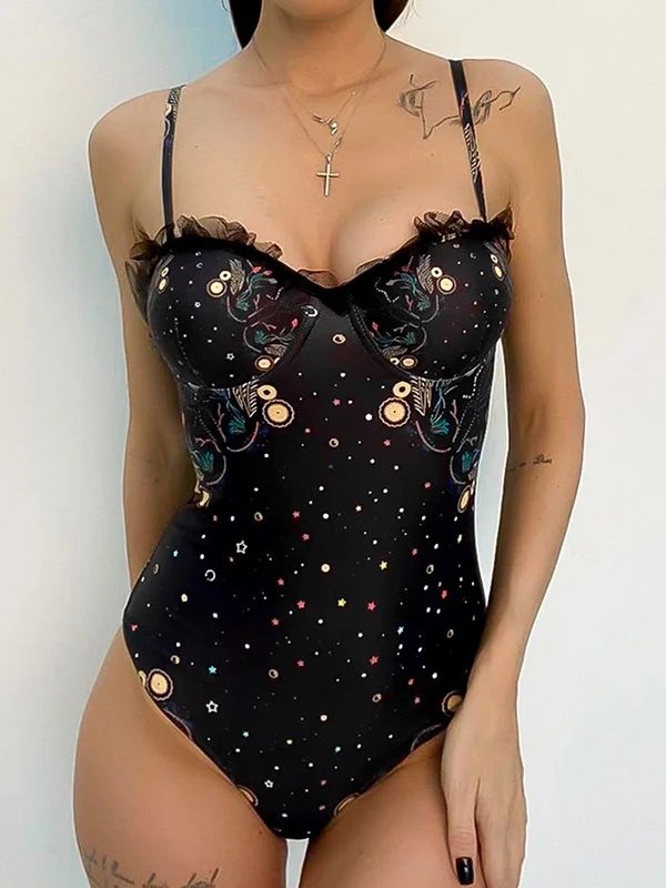 Spaghetti-Neck Floral Split-Joint Lace Underwired One-Piece Swimwear