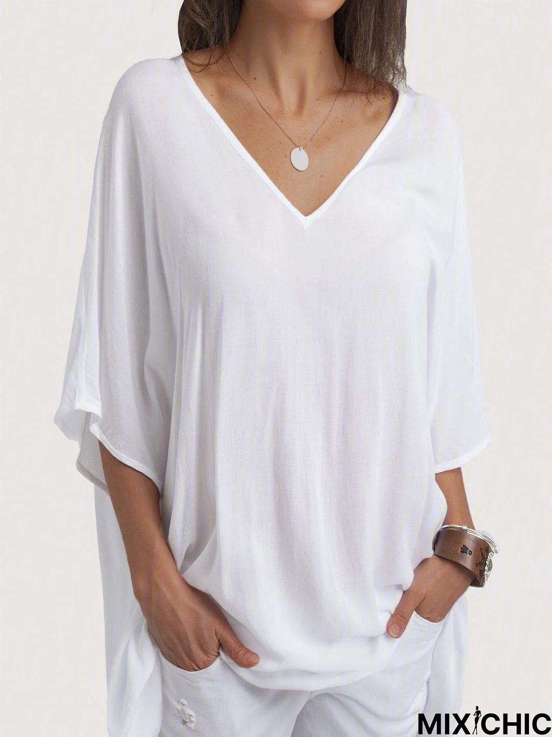 Plus Size Short Sleeve Casual V Neck Blouse