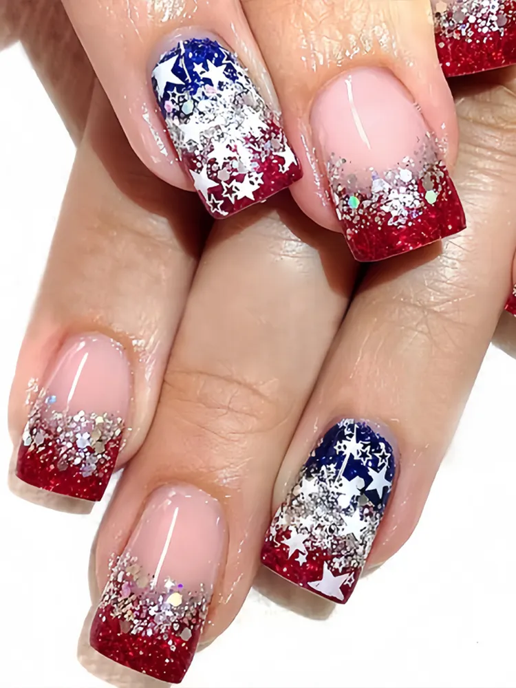 Red, White And Blue Star-shaped Pattern False Nails