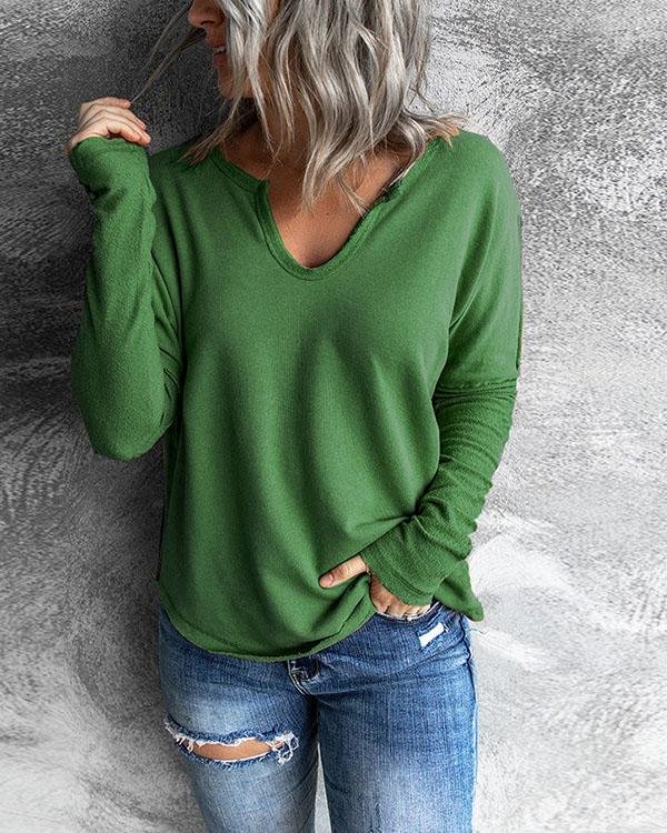 Stitching V-neck Long-sleeved Sweatshirt Solid Casual Tops - Chicaggo