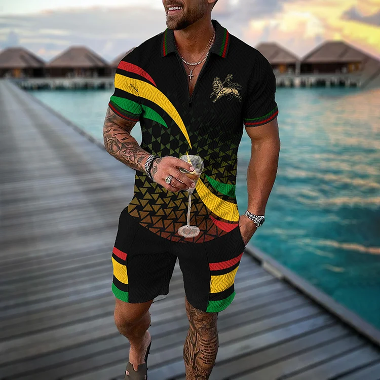 Broswear Reggae Gradient Lion Polo Shirt And Shorts Co-Ord