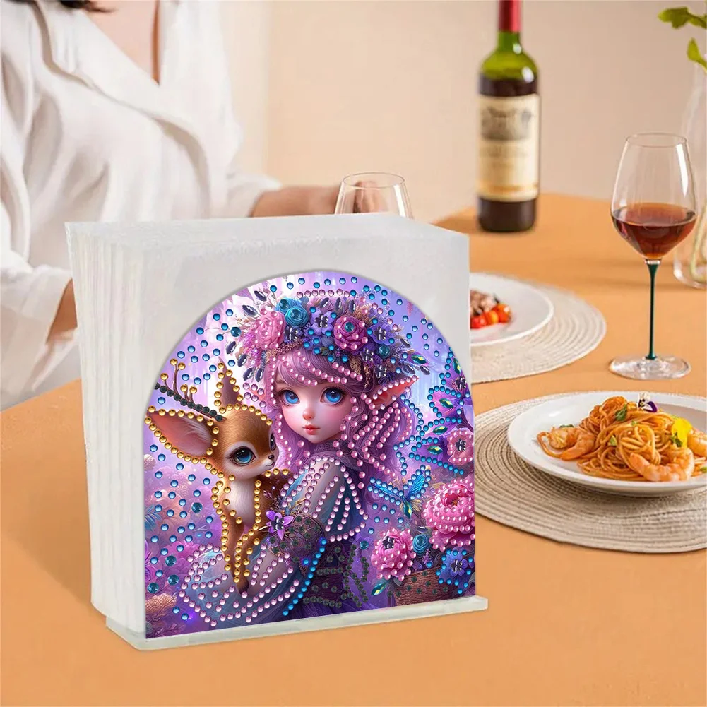 Elf Girl Acrylic DIY 5D Diamond Art Painting Napkin Holder Set Home Table Decor