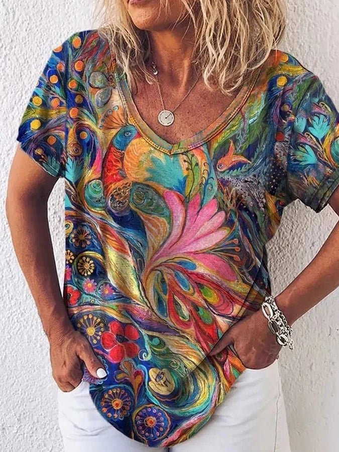 Colorful Ethnic Floral Printed Women's T-shirt