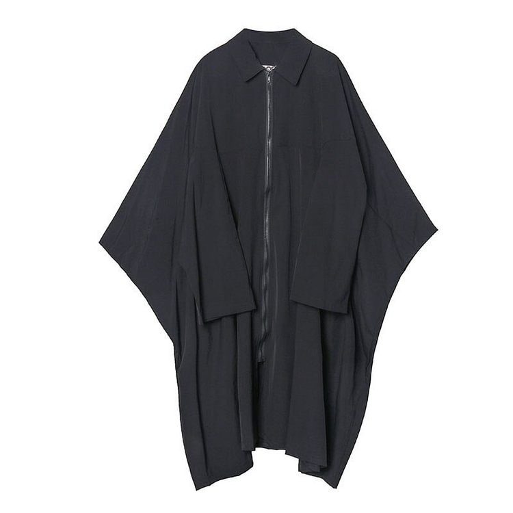 Casual Oversized Solid Color Lapel Zip-up Batwing Long Sleeves Trench Coat 