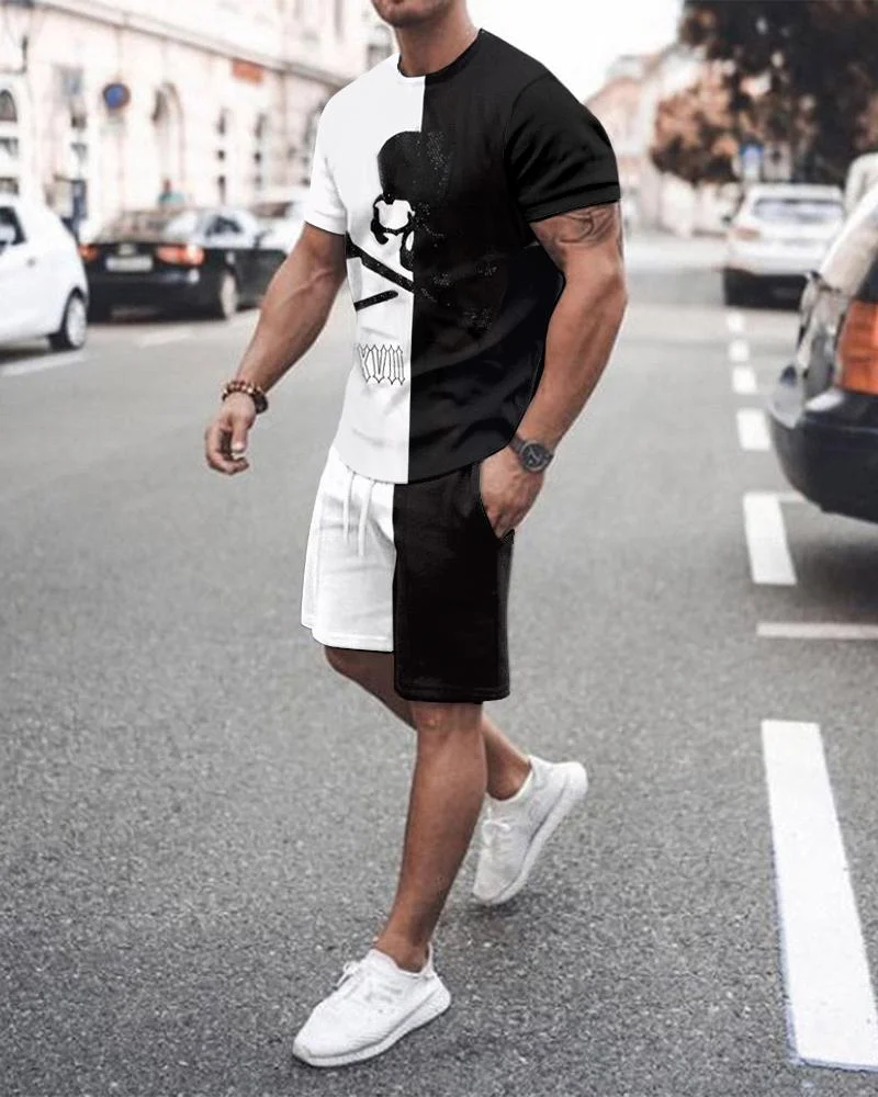 Men's Black-white Split-joint Skull Floral Shorts Suit