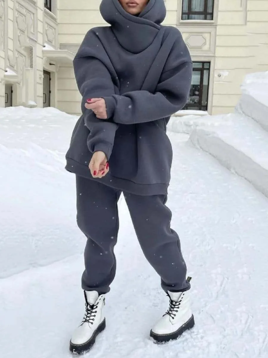 Two-piece suit of solid color casual hoodie and sweatpants