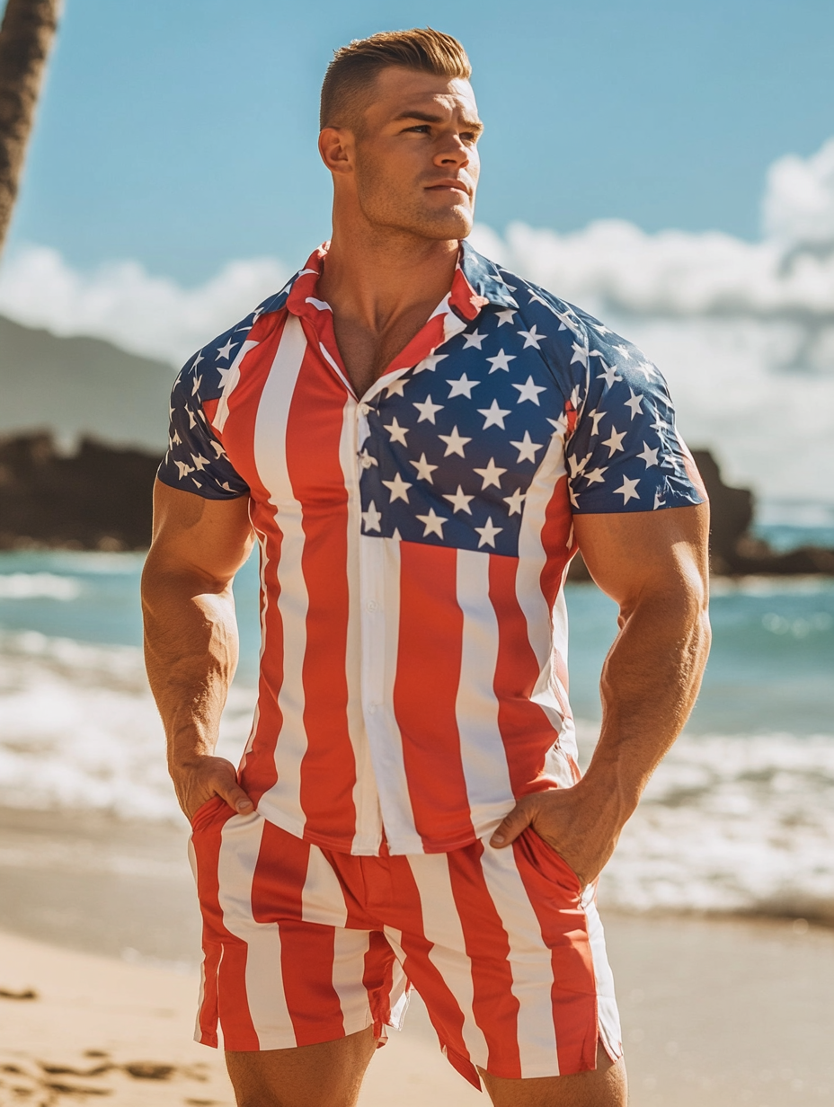 Stars and Stripes Print Hawaiian Print Shirt Set
