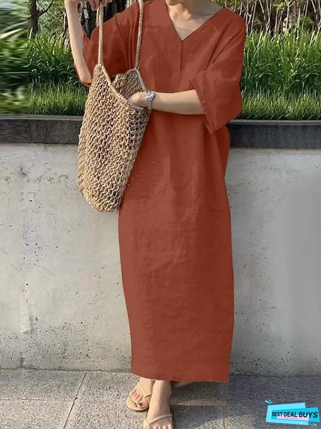 Cotton Linen Dress Casual Dress Shift Dress Maxi long Dress Cotton Blend Fashion Casual Outdoor Daily V Neck Button Short Sleeve Summer Spring Loose Fit Navy Blue Orange Green Pure Color for Women