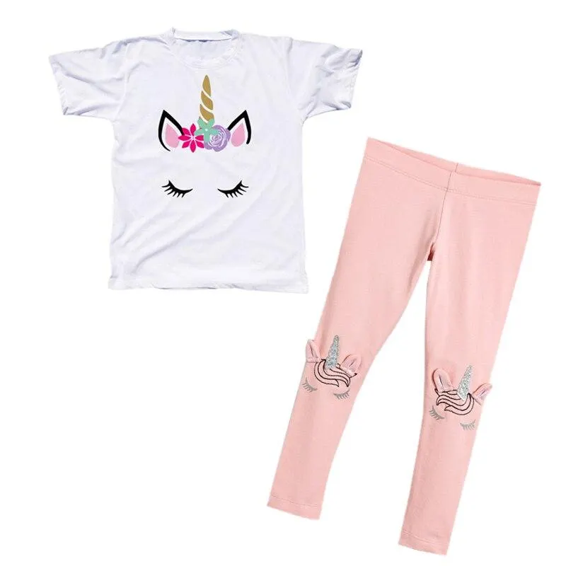 Girls Summer Clothes Set Unicorn Short Sleeve T-shirt+Pants 2PCS Outfits Kids Cartoon Print Cotton Leggings Children Clothing