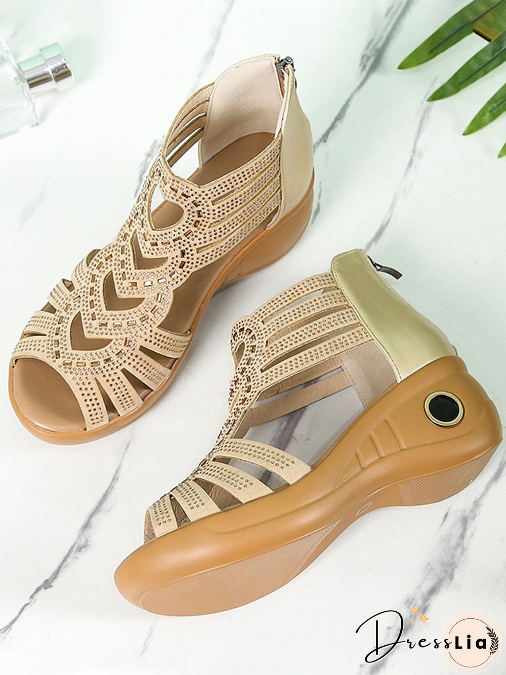 Rhinestone Cutout Heart Shape Wedge Sandals