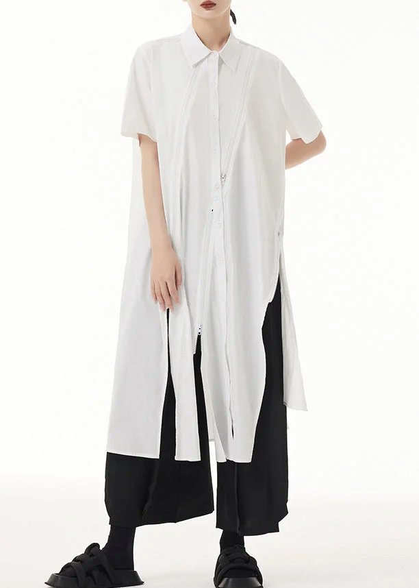 Chic White Peter Pan Collar Asymmetrical Patchwork Cotton Shirt Dress Summer
