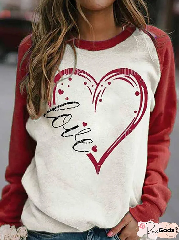 Classic Love Letter Heart Shaped Print Raglan Sleeves Color Block T-Shirt