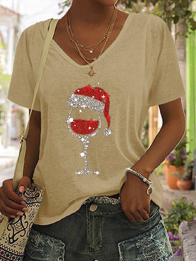 Women's Christmas Wine Glass Print T-Shirt