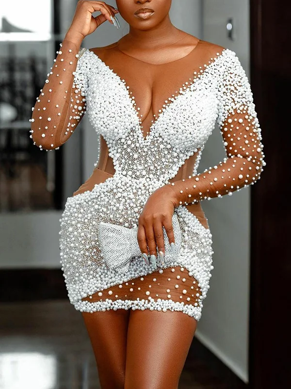 Sexy Round-Neck Belly-Hollow Beaded Decorate See-Through Mini Dress