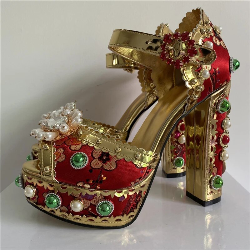 VCSHOES Diamond Platform Bridal Wedding Shoes Woman Chunky Heel Ankle Strap Embroidery Satin Beaded Rivet Sandals Women