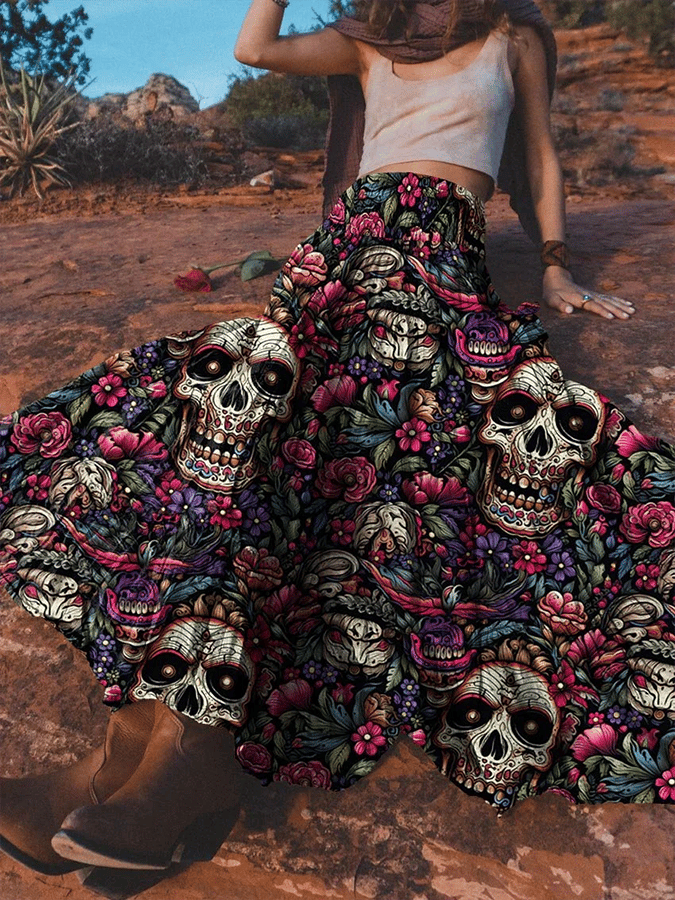Women's Skull Flower Print Cotton Pocket Skirt