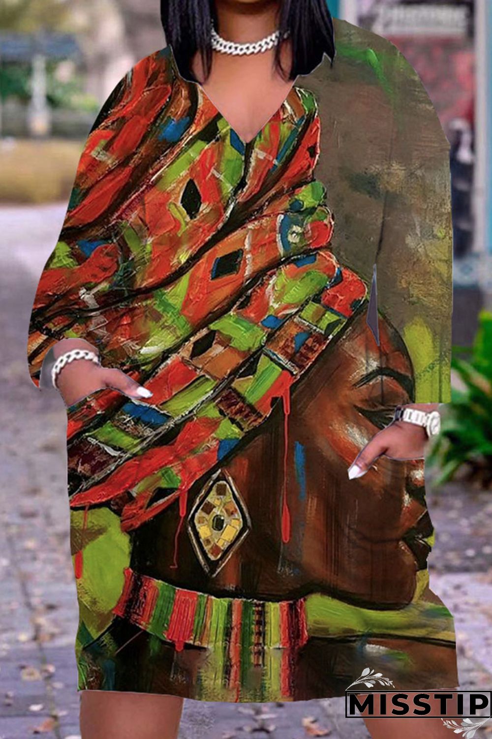 Gray Cyan Casual Print Patchwork V Neck Straight Dresses