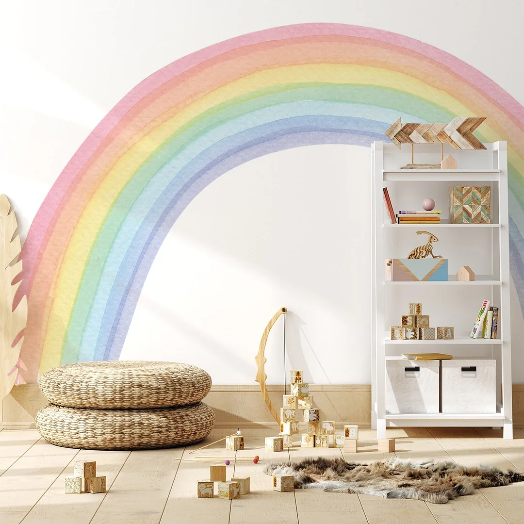 Large Watercolour Rainbow Wall Stickers for Kids Room Living Room Nursery Home Decor Colorful Rainbow Mural Self-adhesive Fabric