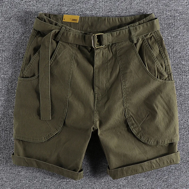 Retro Three-dimensional Large Pocket Washed Vertical Weave Shorts
