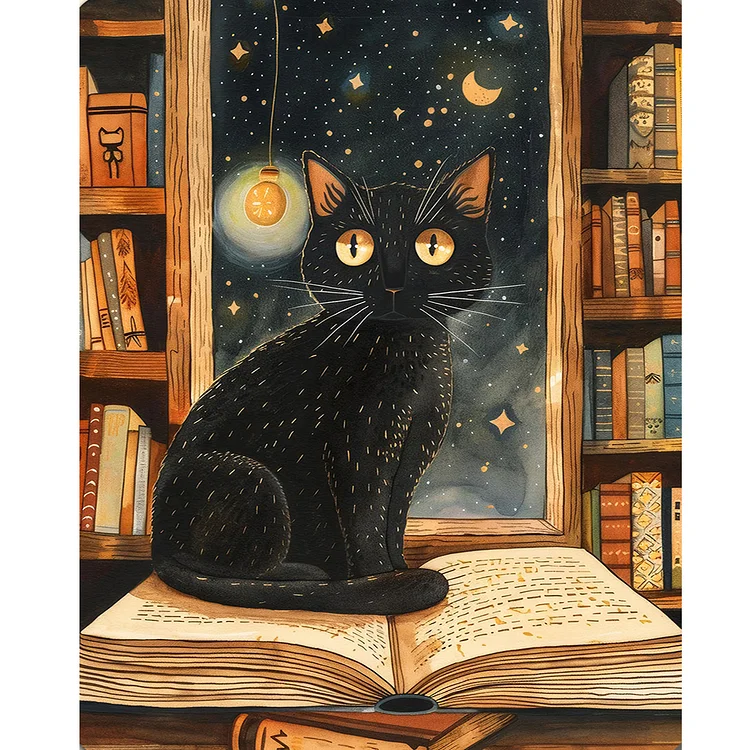 Full Round Diamond Painting - Library Little Black Cat 40*50CM