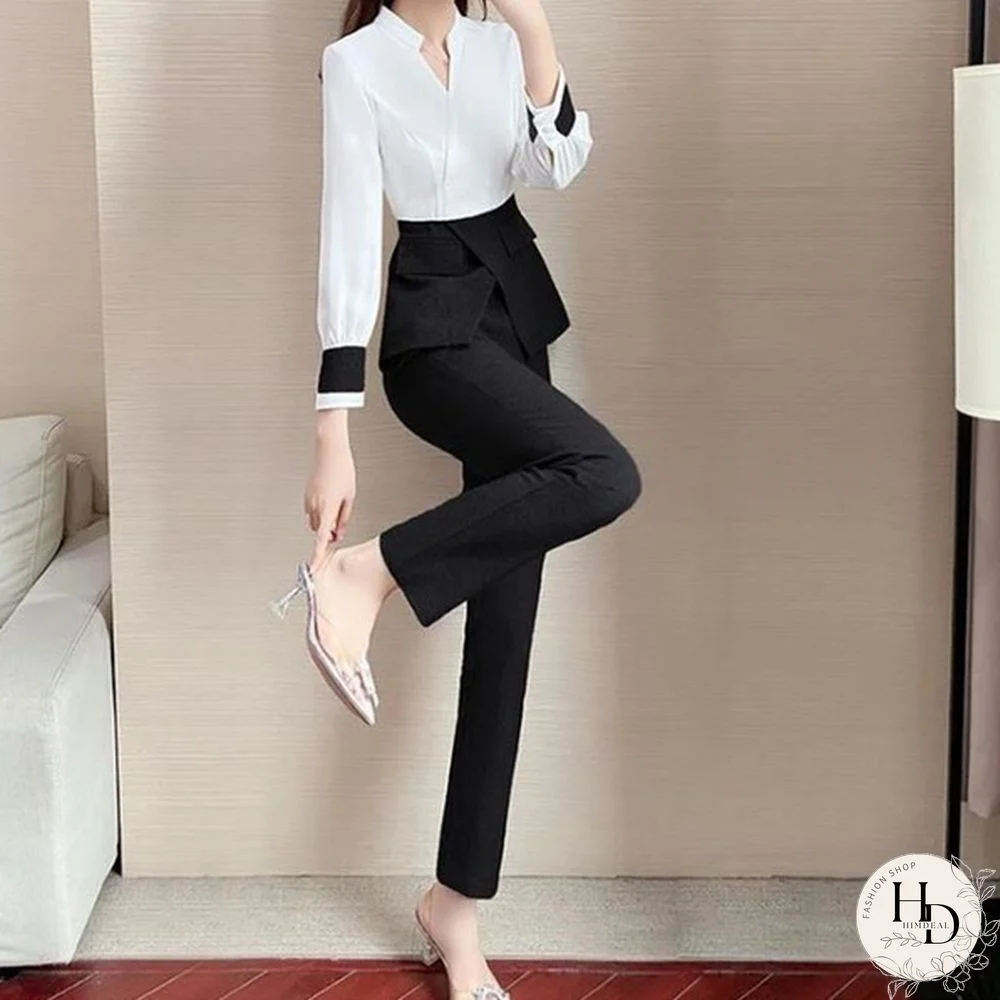 Autumn Suit Women Pants 2 Piece Set Elegant Office Lady Outfits Hit Color Blouse And Pants Fashion Sets