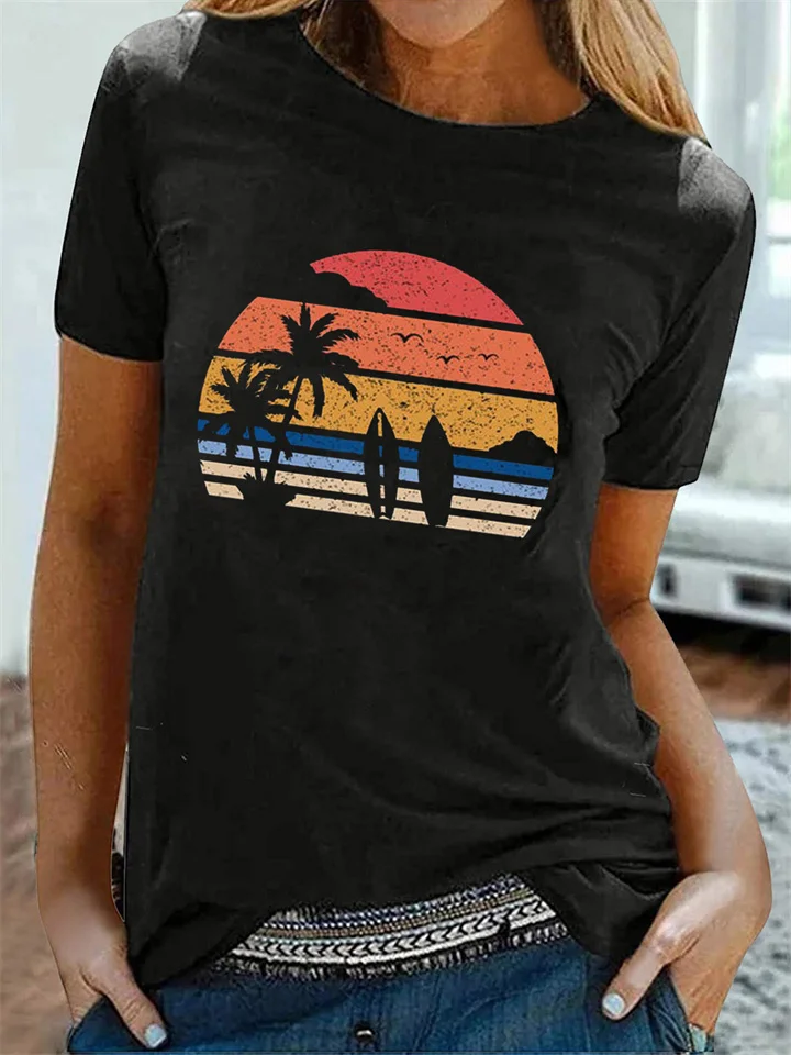 Summer Women's Round Neck Retro Seaside Fashion Sunset Printing Ladies Short-sleeved Tops T-shirt