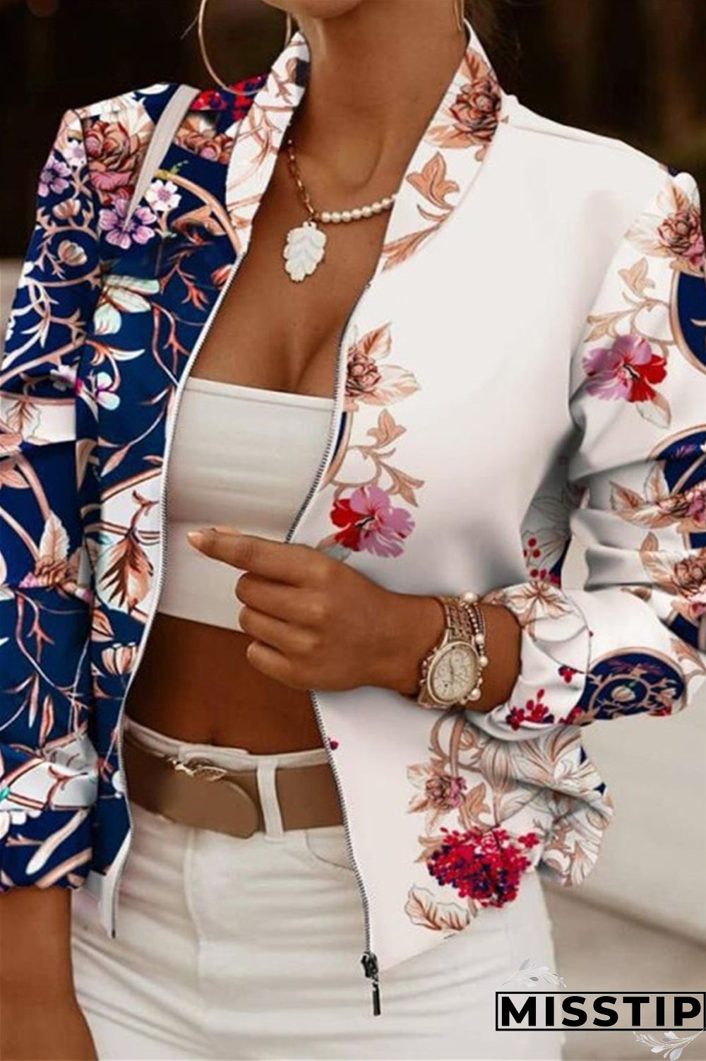 Blue White Casual Print Patchwork Cardigan Outerwear