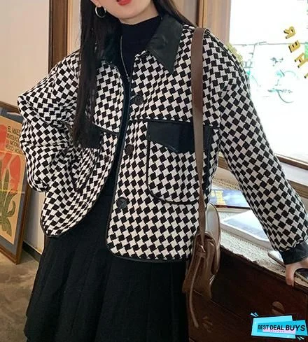 Hounds Tooth Print Color Block Button Design Coat