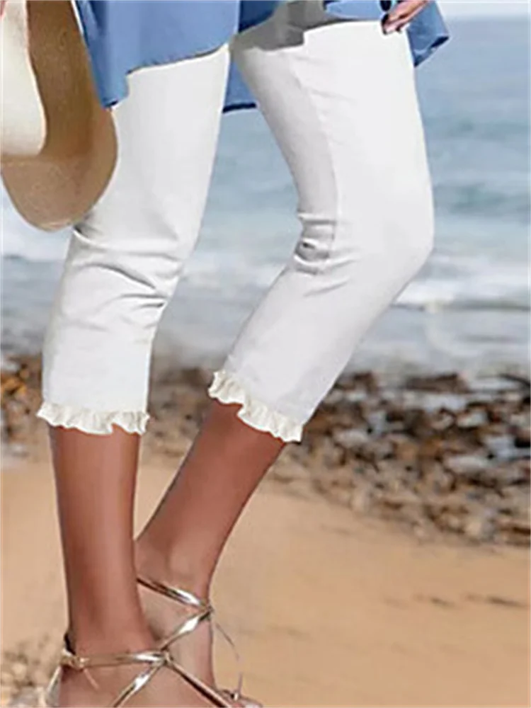 Ruffle Hem Basic Cropped Casual Pants