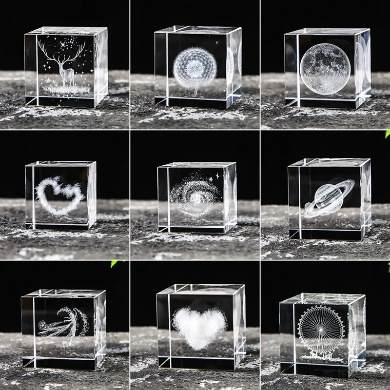 3D Square Crystal Engraved Glass Home Decorations Craft Ornaments Creative Birthday Present 3D Crystal Cubes