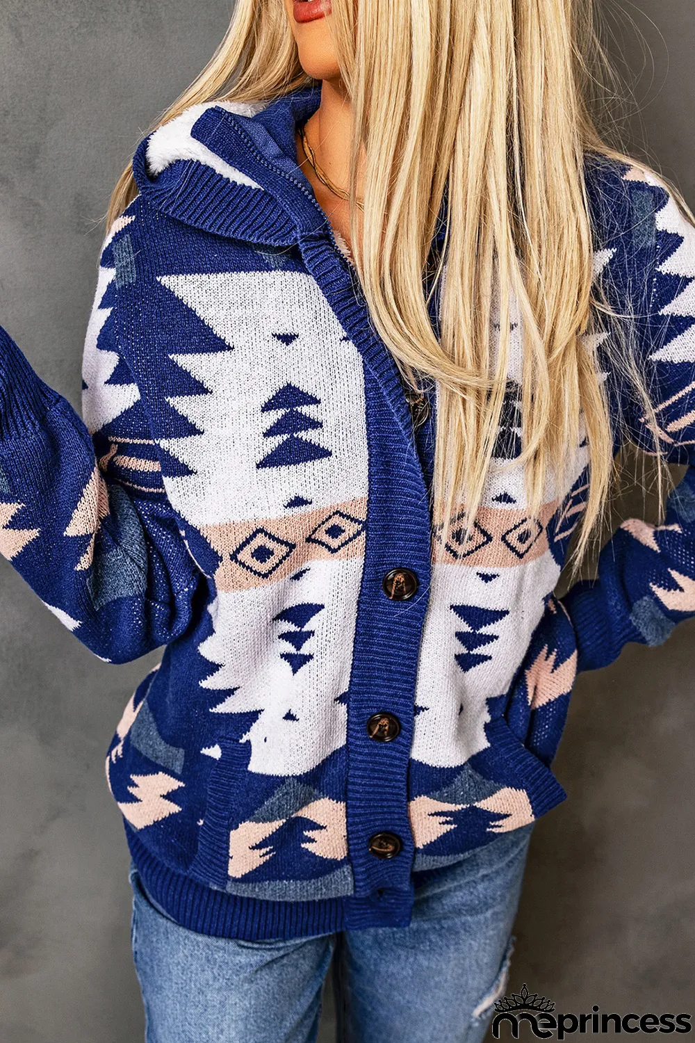 Blue Retro Jacquard Pattern Buttoned Front Hooded Sweater