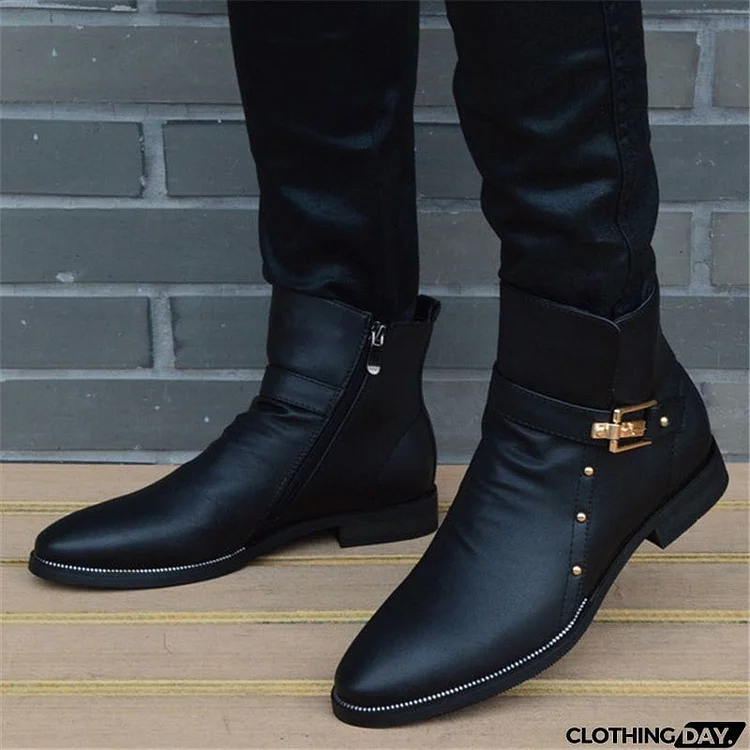 New Fashion Men's Solid Color Side Zipper Pointed Toe Boots