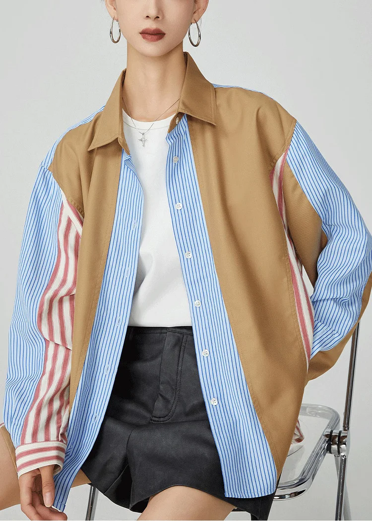 Striped Colorblock Peter Pan Collar Button Cotton Shirt Fall