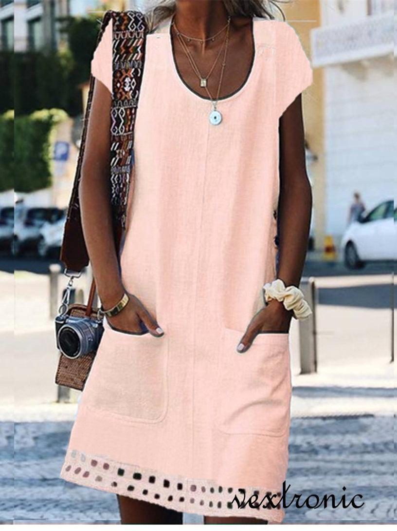 Women Half Sleeve V-neck Solid Color Dress