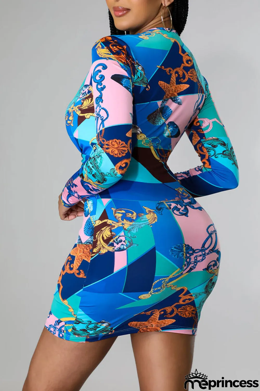 Blue Sexy Print Patchwork V Neck Pencil Skirt Dresses