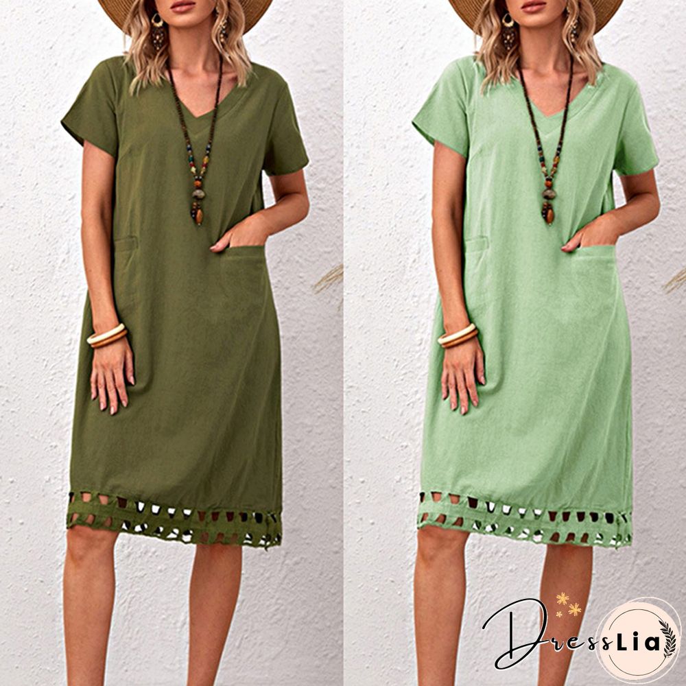 Fashionable And Versatile V-neck Short Sleeve Slim Solid Cotton Linen Dress