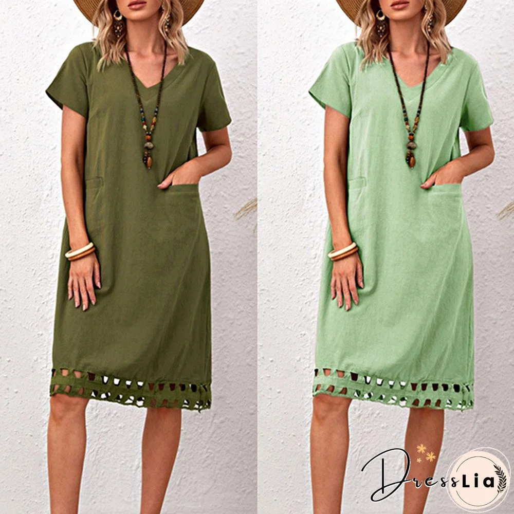 Fashionable And Versatile V-neck Short Sleeve Slim Solid Cotton Linen Dress