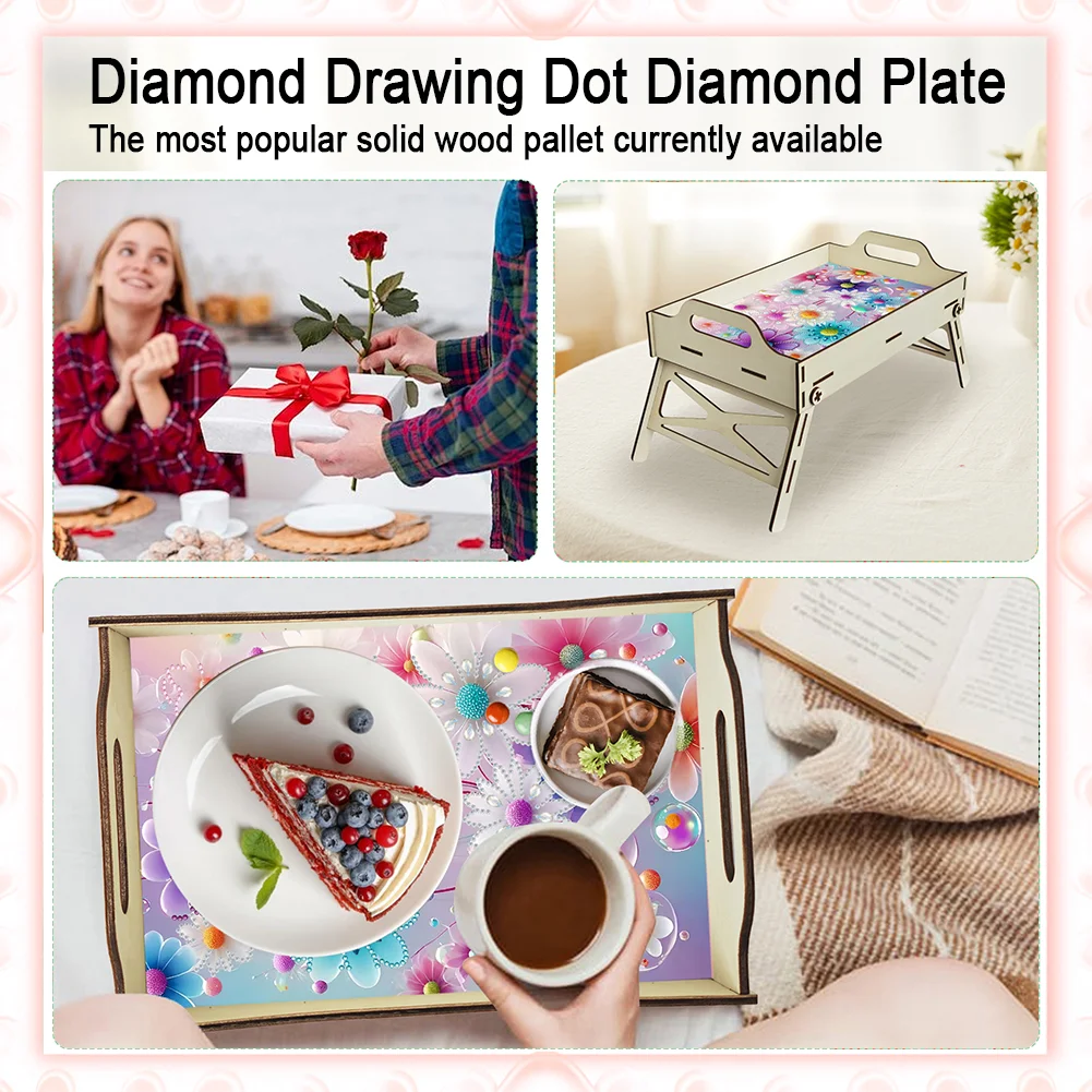 5D DIY Flower Diamond Painting Wooden Serving Tray with Handle for Home Decor